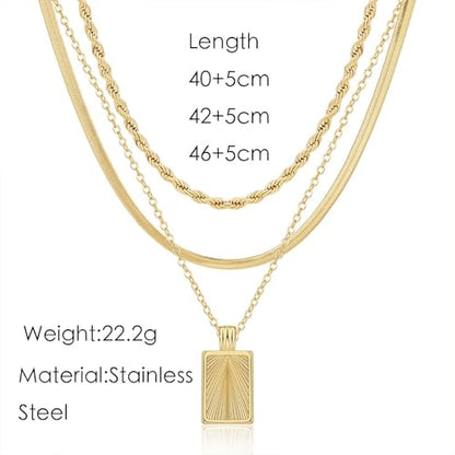 Gold Layered Necklaces for Women Stack Boho Stacking Layering 14K Gold Plated Chain Necklaces Set Cuban Link Herringbone Twist Chain Square Coin Pendant Necklace Jewelry Gifts Trendy Stuff - color: A Gold Layered Square Necklace