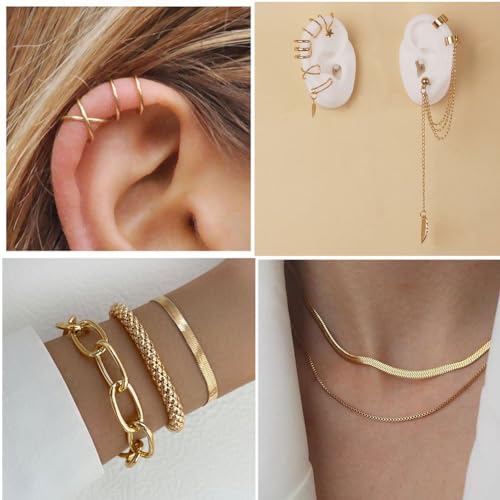 60 PCS Gold Jewelry Set with Multi-Layered Bracelet Necklace, Dangle Earrings, Stackable Ring For Women Valentine Anniversary Jewelry Pack Gifts For Her - color: A-GOLD