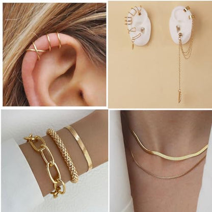60 PCS Gold Jewelry Set with Multi-Layered Bracelet Necklace, Dangle Earrings, Stackable Ring For Women Valentine Anniversary Jewelry Pack Gifts For Her - color: A-GOLD