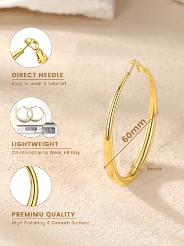 KeyStyle 5mm Thick Hoop Earring，Large Gold Hoop Earrings for Women | Stainless Steel Hoops Earring 14K Gold Plated/Silver/Black Hoop Lightweight Hypoallergenic Hollow Tube Hoop(40/60/80MM) - color: Gold, size: 60mm