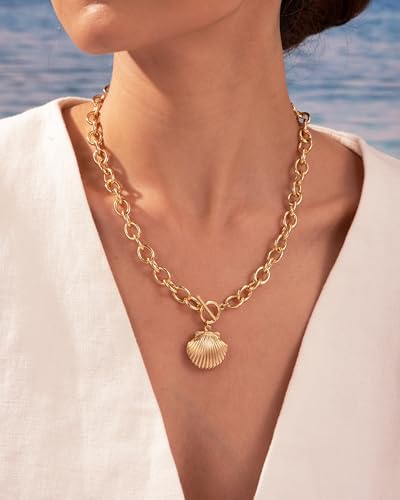 CHESKY 14K Gold Plated Chunky Necklace for Women, Trendy Toggle Clasp | Statement Pendant Necklace, Layered Paperclip Chain, Toggle Clasp Design, Thick Gold Chain, Non Tarnish Everyday Jewelry - color: gold, style: shell