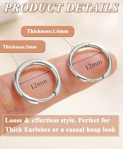 Surgical Steel Huggie Hoop Earrings & Flat Back Studs for Women Men, 6mm-14mm Small Hoops for Cartilage Helix Tragus Lobe, 1-10 Pairs Multiple Piercing Jewelry Set for Sensitive Ears - style: 1Pair,SIlver,12mm(THK:1.6mm)