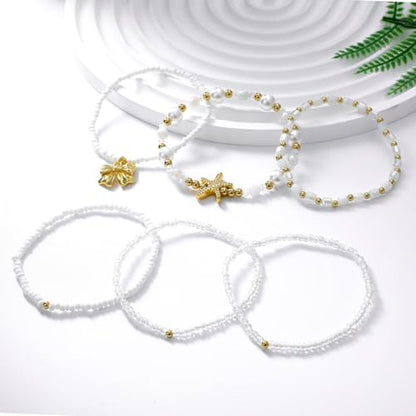 LALAPPLE Shell Bracelet Boho Beaded Stretch Bracelets for Women Seashell Strand Bracelets Starfish Charm Jewelry Summer Beach Jewelry Stackable Crystal Gold Plated Beads Bracelet for Women - style: T-Style9 meteor