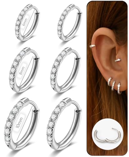 CZ Huggie Earrings for Women, Stainless Steel Hinged Small Hoop Earrings, Select Sizes, Colors and Sets for Cartilage Helix Lobe Ear Stack Jewelry - color: Silver, size: 3Pairs,6/8/10mm Hoop(THK:2mm)