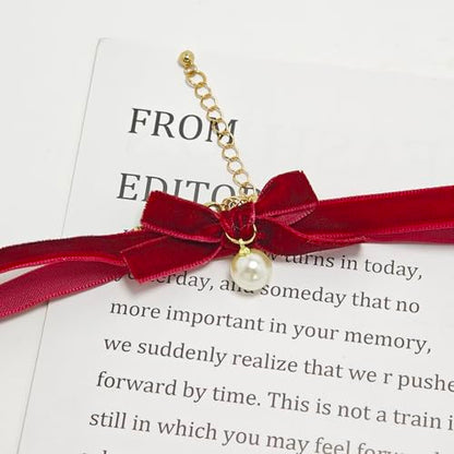 Bow Necklace for Women Red Bow Choker Black Ribbon Necklace Pearl Velvet Lace Necklaces Cute BowKnot Necklaces for Christmas Gifts - color: red C