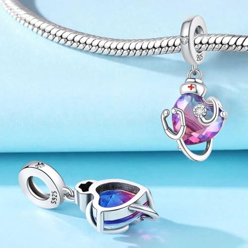 CYCUFF 925 Sterling Silver Charms Suitable for Charm Necklaces, Bracelet Pendants Beads Jewellery Gift for Women - color: Nurse Stethoscope Gradient Heart Charm