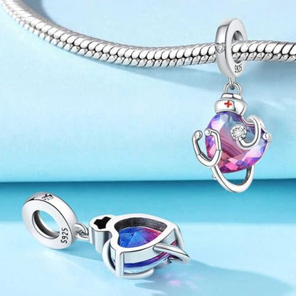 CYCUFF 925 Sterling Silver Charms Suitable for Charm Necklaces, Bracelet Pendants Beads Jewellery Gift for Women - color: Nurse Stethoscope Gradient Heart Charm