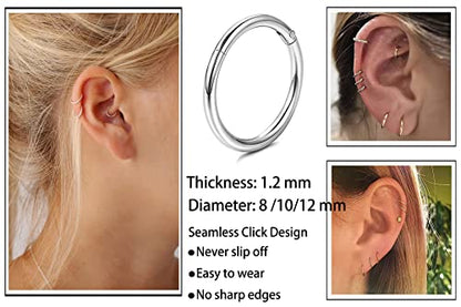 Unisex Dainty Tiny 18k Real Gold Plating Cartilage Huggie Hoop Earrings, 16G Surgical Steel Small Endless Hinged Hoops Earring for Earlobe Cartilage Helix Rook Daith Conch Nose Lip Body Piercing Jewelry - color: Silver 8/10/12mm