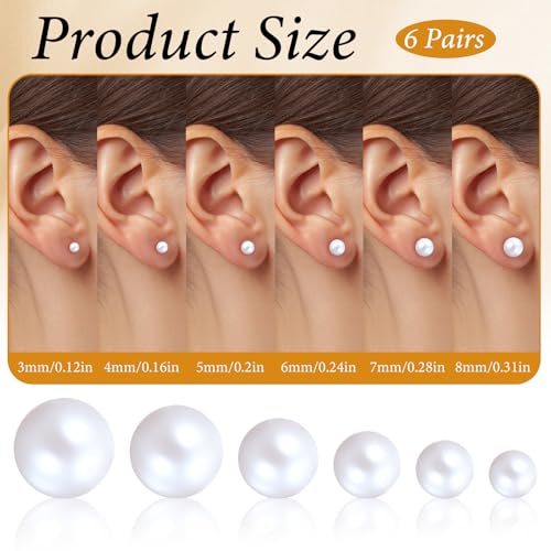 6 Pairs Pearl Earrings Studs, Stainless Steel Studs 3-8mm Pearl Stud for Women Adult Birthday Valentine's Day Women's Jewelry Gifts
