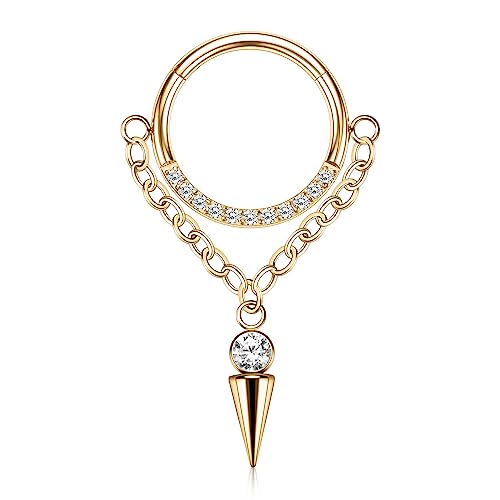 AROWRO Chain Septum Rings 316L Surgical Steel Septum Clicker Daith Piercing Jewelry Dangle Nose Rings for Women 16G 8/10mm Conch Cartilage Hoop Seamless Hinged Septum Jewelry with Clear CZ/Opal - color: Style-5-Gold cone dangle&Clear CZ, size: 16G-8mm