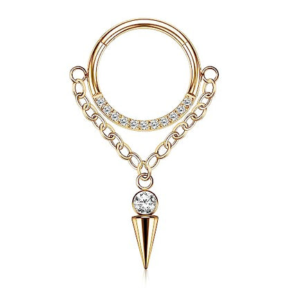 AROWRO Chain Septum Rings 316L Surgical Steel Septum Clicker Daith Piercing Jewelry Dangle Nose Rings for Women 16G 8/10mm Conch Cartilage Hoop Seamless Hinged Septum Jewelry with Clear CZ/Opal - color: Style-5-Gold cone dangle&Clear CZ, size: 16G-10mm