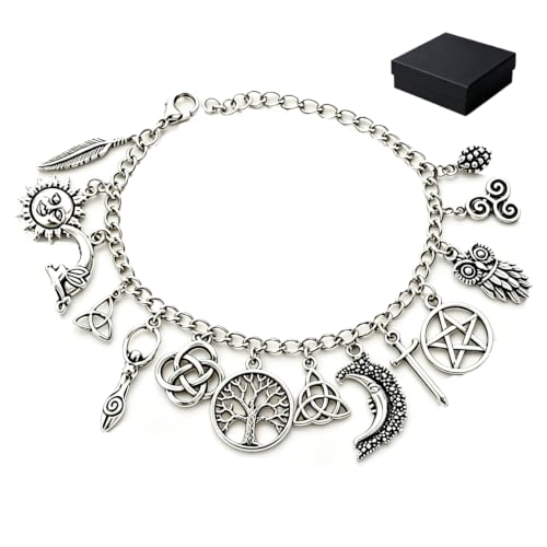 Vintage Witchy Charm Bracelet, Silver Gothic Boho Celestial Bracelet with Tree of Life Moon Pentagram Charm, Wiccan Lucky Link Chain Bangle Gift Jewelry for Women Halloween Party Friendship