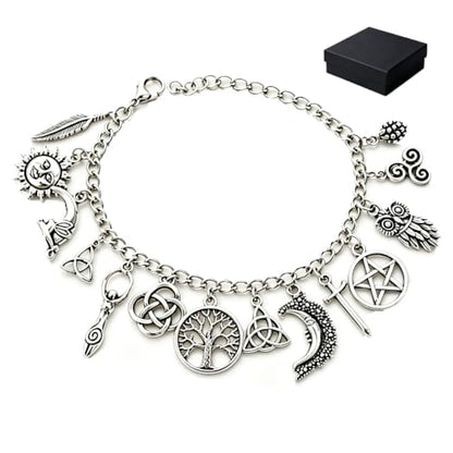 Vintage Witchy Charm Bracelet, Silver Gothic Boho Celestial Bracelet with Tree of Life Moon Pentagram Charm, Wiccan Lucky Link Chain Bangle Gift Jewelry for Women Halloween Party Friendship