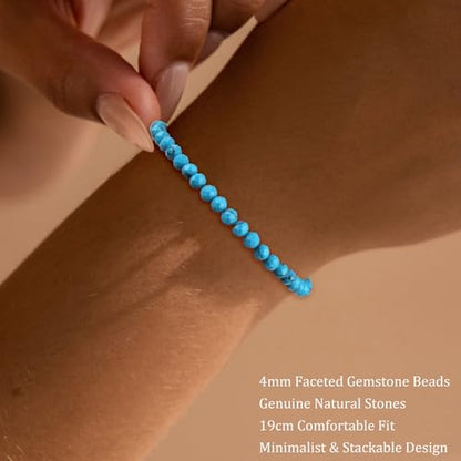 Natural Faceted Crystal Bracelet for Women,4mm Gemstone Round Beads Bracelets Adjustable Stretchy Healing Crystal Beads Bracelets Dainty Jewelry Gift - color: Turquoise