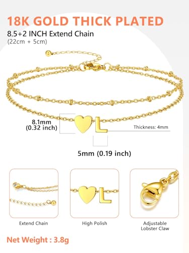 Silvora Ankle Bracelets for Women Waterproof 14K Gold/Silver/Black Initial Anklet for Women Dainty Layered Heart Ankle Bracelets Stainless Steel Adjustable Foot Chain Anklet Summer Beach Jewelry - color: L-Gold