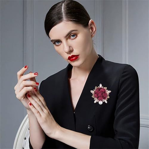 Handmade Elegant Red Rose Flower Brooch Pin for Women Crystal Pearl Fabric Flower Lapel Pin Dress Suit Accessories - color: Red
