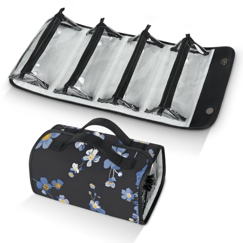 Blue Wildflowers Hanging Roll Up Cosmetic Bag with 4 Removable Storage Bags Waterproof Foldable Toiletry Kit for Women - color: Multicolor 9