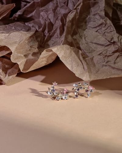 14K Gold Plated Leaf Earrings for Women, Colorful Marquise Cubic Zirconia Floral Studs, Hypoallergenic Botanical Ear Crawler Earrings for Spring