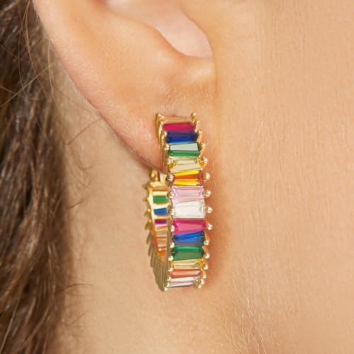 Trendy 14K Gold Plated Hoop Earrings for Women, Chunky Gold/Silver Earrings for Women Cubic Zirconia Baguette Hoop Earrings Heart Hoops Lightweight Hypoallergenic Jewelry,25mm/35mm/40mm/50mm - color: 01 Gold Rainbow Hoops 25mm