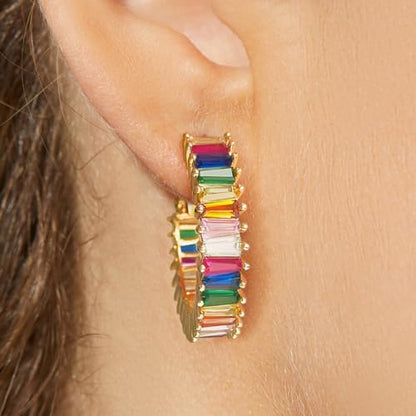 Trendy 14K Gold Plated Hoop Earrings for Women, Chunky Gold/Silver Earrings for Women Cubic Zirconia Baguette Hoop Earrings Heart Hoops Lightweight Hypoallergenic Jewelry,25mm/35mm/40mm/50mm - color: 01 Gold Rainbow Hoops 25mm