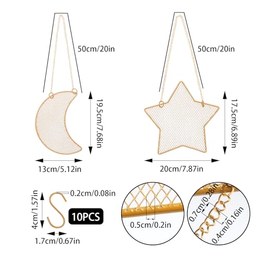 2pcs Gold Wall Mounted Earring Organizer with 10 Hooks,Decorative Jewelry Stand Diamond Grid Display Rack Hanging Hook,Metal Jewelry Holder for Home/Necklaces/Bracelets(Star+Moon) - size: Star+Moon