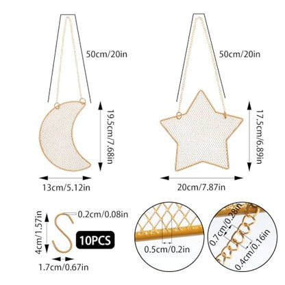 2pcs Gold Wall Mounted Earring Organizer with 10 Hooks,Decorative Jewelry Stand Diamond Grid Display Rack Hanging Hook,Metal Jewelry Holder for Home/Necklaces/Bracelets(Star+Moon) - size: Star+Moon