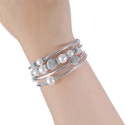 PEARL&CLUB Beaded Chakra Bangle Turquoise Bracelet - Fashion Jewelry Wrap Bracelet with Thick Silver Metal and Mala Beads, Birthday Gifts For Women - color: White Pearl