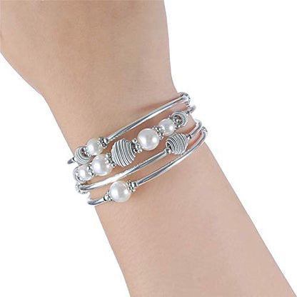 PEARL&CLUB Beaded Chakra Bangle Turquoise Bracelet - Fashion Jewelry Wrap Bracelet with Thick Silver Metal and Mala Beads, Birthday Gifts For Women - color: White Pearl