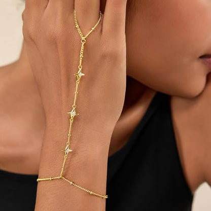 Cicy Bell Hand Chain Bracelets for Women 18K Gold Plated | Layered Stackable Dainty Ring Bracelets, Adjustable Satellite Bead Dot Link Finger Bracelets - color: Style L-Gold