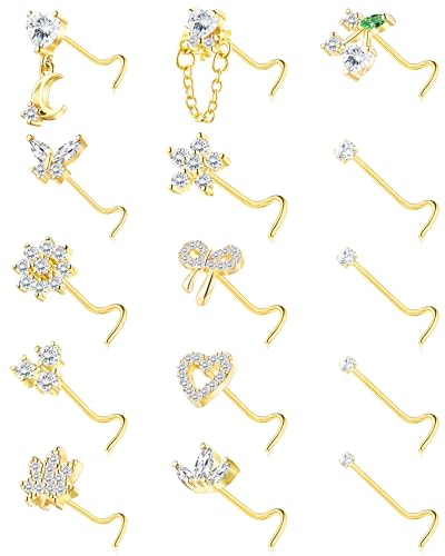 BSJ4U Nose Rings Corkscrew for Women Nose Piercings 20G Surgical Stainless Steel Gold Plated Nose Studs Pink Red CZ Heart Butterfly Flower Cherry Bow Moon Dangle Nose Piercing Jewelry - color: Gold Clear Nose Rings
