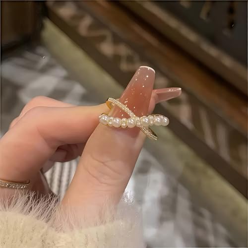 Mettclasi Women's 14K Gold Plated Stackable Ring Crystal Inlaid Dainty Trendy Cute Adjustable Open Twist Rings Jewelry Gifts - style: Pearls