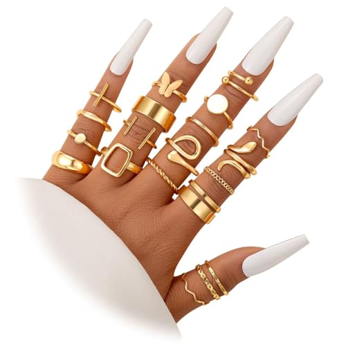 Gold Plated Knuckle Rings Set For Women,Vintage Stackable Joint Finger Midi Rings Dainty Simple Twist Hollow Rings Pack,Aesthetic Adjustable Y2K Punk Stacking Rings Jewelry Accessories - style: 20Pcs B-Gold