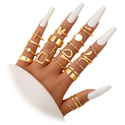 Gold Plated Knuckle Rings Set For Women,Vintage Stackable Joint Finger Midi Rings Dainty Simple Twist Hollow Rings Pack,Aesthetic Adjustable Y2K Punk Stacking Rings Jewelry Accessories - style: 20Pcs B-Gold