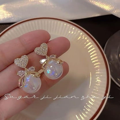 Pearl Bow Earrings for Women Coquette Aesthetic Jewelry Rhinestone Bow Earrings for Bridesmaids Wedding Party Accessories Bridal Costume Accents Bowknot Themed Gifts - color: I: Heart Pearl Bow Earrings