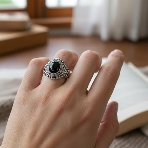 Retro Eye Shape Punk Ring, Jade Agate Natural Gemstone, S925 Sterling Silver, Wide Band, Cocktail Party Bohemian Jewelry for Women - color: Ring_B