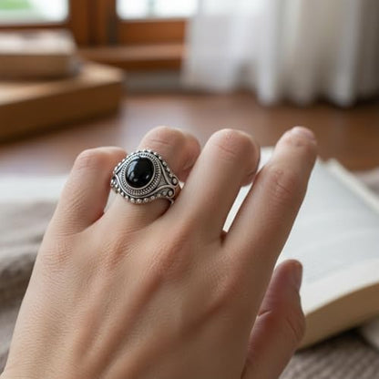 Retro Eye Shape Punk Ring, Jade Agate Natural Gemstone, S925 Sterling Silver, Wide Band, Cocktail Party Bohemian Jewelry for Women - color: Ring_B