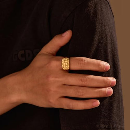 Gold Plated Nugget Ring for Men & Women – Stainless Steel Chunky Hip Hop Rings - Hypoallergenic Unisex Jewelry – US Size 5-13 – Gift Box Included - color: Gold