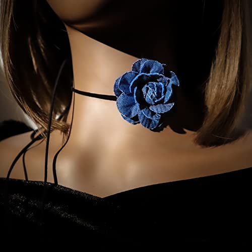 Black Choker Camellia Flower Lace-up Necklace For Women - color: Denim flower