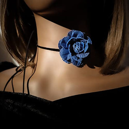 Black Choker Camellia Flower Lace-up Necklace For Women - color: Denim flower