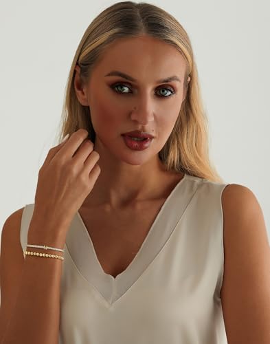 14K Gold Plated Bracelets for Women Dainty Tennis Initial Bracelet Trendy Beaded Stackable Charm Bracelets Layered Waterproof Bracelet Dainty Bracelet for Women Jewelry Gifts - style: N