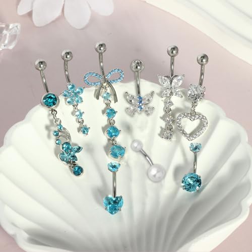 Suotarn 14G Belly Button ring Dangle Belly Rings Surgical Stainless Steel Cute Bow Butterfly Heart Flower Dangling Belly Button Piercing Jewelry For Women Silver Dainty Dangly Navel Ring - color: aqua