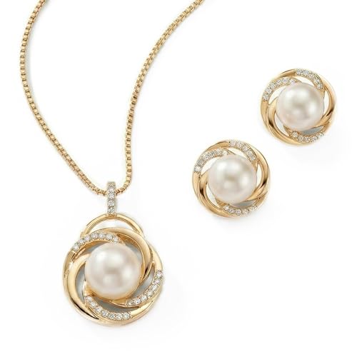 Mariell Freshwater Pearl Wedding Necklace Earrings Set for Brides, Bridesmaids, Birthday Gift - color: Gold