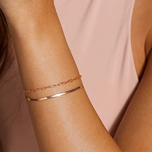 ChainsHouse Stainless Steel Herringbone Flat Chain Bracelets for Women,18K Gold/Rose Gold/Black Metal Paperclip/Snake/Cuban/Figaro Sterling Silver Link Charm Bracelet, 16+5cm Adjustable, With Gift Box - color: h. herringbone-rose gold-3mm