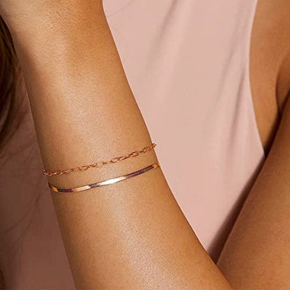 ChainsHouse Stainless Steel Herringbone Flat Chain Bracelets for Women,18K Gold/Rose Gold/Black Metal Paperclip/Snake/Cuban/Figaro Sterling Silver Link Charm Bracelet, 16+5cm Adjustable, With Gift Box - color: h. herringbone-rose gold-3mm