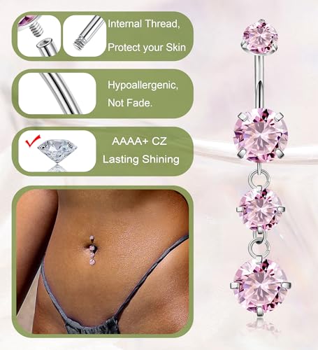 G23 Titanium Dangle Belly Button Rings for Women Dangling Navel Rings CZ Belly Rings Curved Barbell Internally Threaded Belly Piercing Jewelry - color: Pink