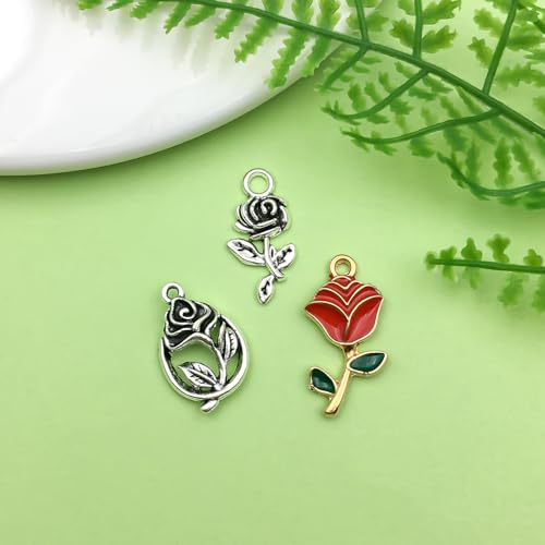 Sailanzi 96pcs Alloy Ancient Silver Rose Series Pendant Jewelry Making DIY Keychain Earrings Pendant Various Design Charms for Jewelry Making Bracelets Necklace (SN439) - color: SN439