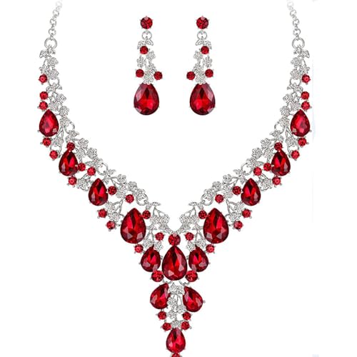 Bridal Bridesmaid Austrian Crystal Jewelry Set, Floarl rhinestone Statement Neckace Teardrop Necklace Drop Dangle Earrings Set - color: Red-Silver Tone