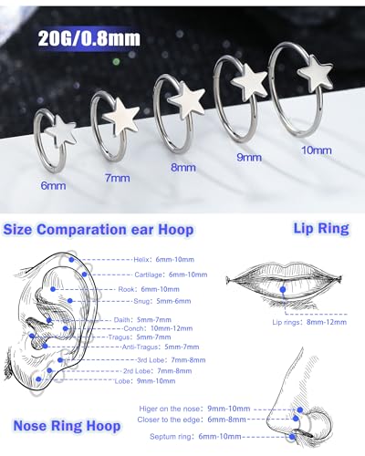 20g Nose Rings Hoops 316L Surgical Stainless Steel Nose Piercing Jewelry Helix Tragus Conch Rook Earrings Hinged Segment Lip Ring for Women Men