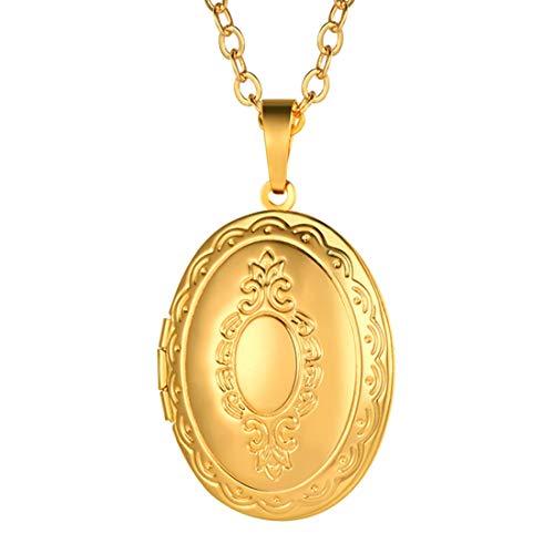 U7 Custom Photo Locket Necklace - Oval & Heart Shaped Locket - Gold/Silver/Rose Gold Personalized Image Necklaces for Women - color: 01-Oval Gold, style: a. locket only