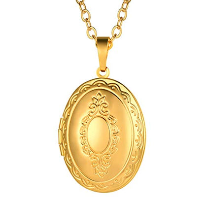 U7 Custom Photo Locket Necklace - Oval & Heart Shaped Locket - Gold/Silver/Rose Gold Personalized Image Necklaces for Women - color: 01-Oval Gold, style: a. locket only